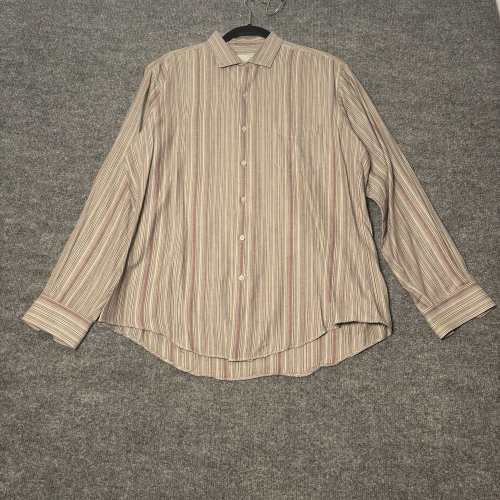 Ruff‎ Hewn Button Down Shirt Men's L Classic Fit Tan Striped Cotton NPL 16/16.5